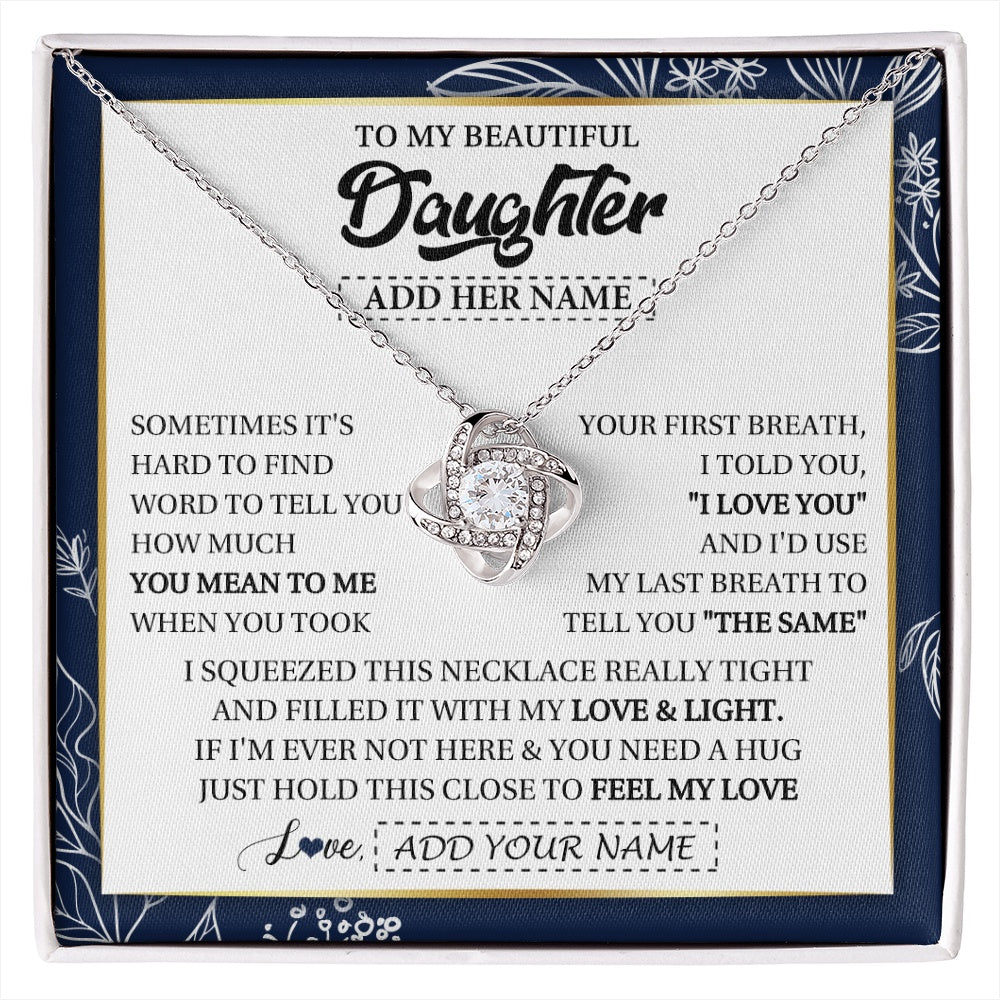 Love Knot Necklace 14K White Gold Finish | 1 | Personalized To My Beautiful Daughter Necklace From Mom Dad Mother Father Feel My Love Valentine Gifts For Daughter Birthday Christmas Gift Box Message Card | https://siriusteestore.