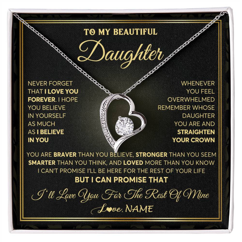 Forever Love Necklace 14K White Gold Finish | 1 | Personalized To My Beautiful Daughter Necklace From Mom Dad Mother I Love You Jewelry Gifts For Daughter Birthday Graduation Christmas Gift Box Message Card | siriusteestore