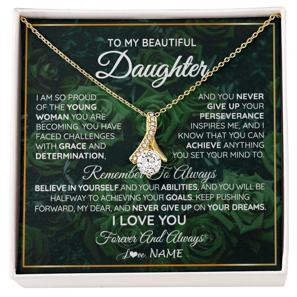 Alluring Beauty Necklace 18K Yellow Gold Finish | Personalized To My Beautiful Daughter Necklace From Mom Dad Mother Never Give Up Birthday Graduation Motivational Quote Customized Gift Box Message Card | siriusteestore