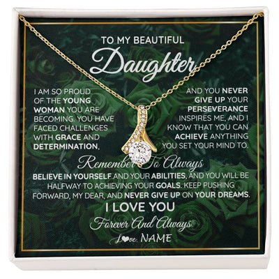 Alluring Beauty Necklace 18K Yellow Gold Finish | Personalized To My Beautiful Daughter Necklace From Mom Dad Mother Never Give Up Birthday Graduation Motivational Quote Customized Gift Box Message Card | siriusteestore