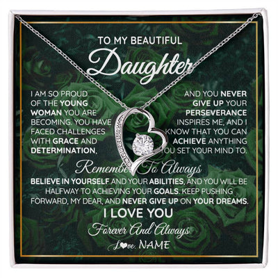 Forever Love Necklace 14K White Gold Finish | Personalized To My Beautiful Daughter Necklace From Mom Dad Mother Never Give Up Birthday Graduation Motivational Quote Customized Gift Box Message Card | siriusteestore