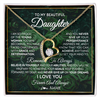 Forever Love Necklace 18K Yellow Gold Finish | Personalized To My Beautiful Daughter Necklace From Mom Dad Mother Never Give Up Birthday Graduation Motivational Quote Customized Gift Box Message Card | siriusteestore