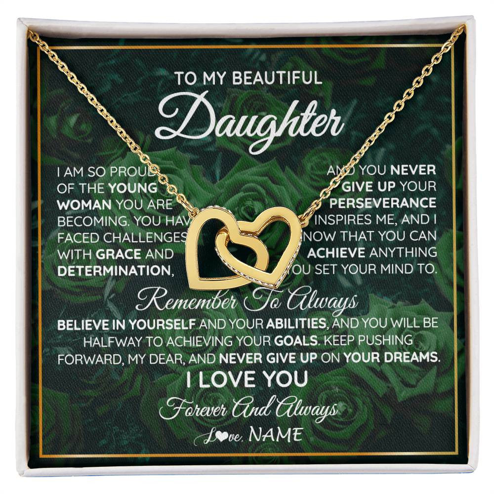 Interlocking Hearts Necklace 18K Yellow Gold Finish | Personalized To My Beautiful Daughter Necklace From Mom Dad Mother Never Give Up Birthday Graduation Motivational Quote Customized Gift Box Message Card | siriusteestore