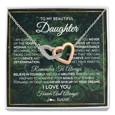 Interlocking Hearts Necklace Stainless Steel & Rose Gold Finish | Personalized To My Beautiful Daughter Necklace From Mom Dad Mother Never Give Up Birthday Graduation Motivational Quote Customized Gift Box Message Card | siriusteestore