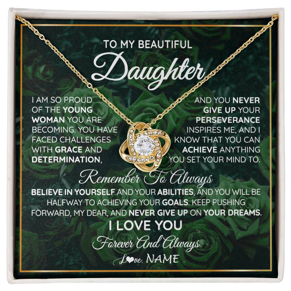 Love Knot Necklace 18K Yellow Gold Finish | Personalized To My Beautiful Daughter Necklace From Mom Dad Mother Never Give Up Birthday Graduation Motivational Quote Customized Gift Box Message Card | siriusteestore
