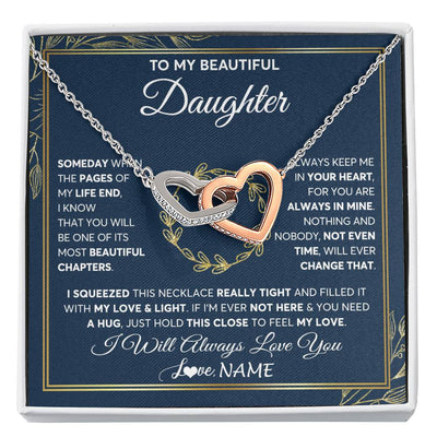 Interlocking Hearts Necklace Stainless Steel & Rose Gold Finish | Personalized To My Beautiful Daughter Necklace From Mom Dad Mother Someday Daughter Birthday Christmas Jewelry Charm Present Customized Gift Box Message Card | siriusteestore