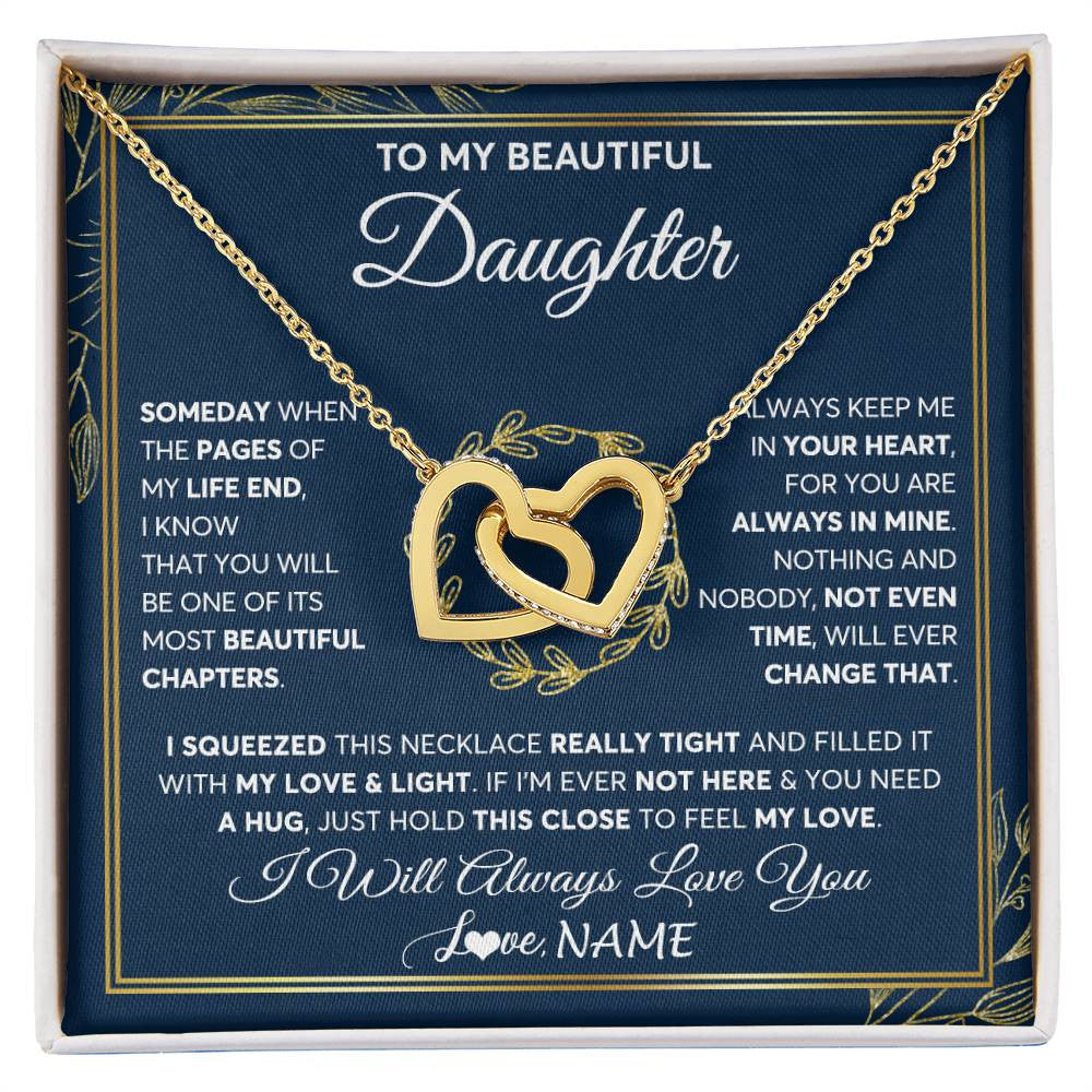 Interlocking Hearts Necklace 18K Yellow Gold Finish | Personalized To My Beautiful Daughter Necklace From Mom Dad Mother Someday Daughter Birthday Christmas Jewelry Charm Present Customized Gift Box Message Card | siriusteestore