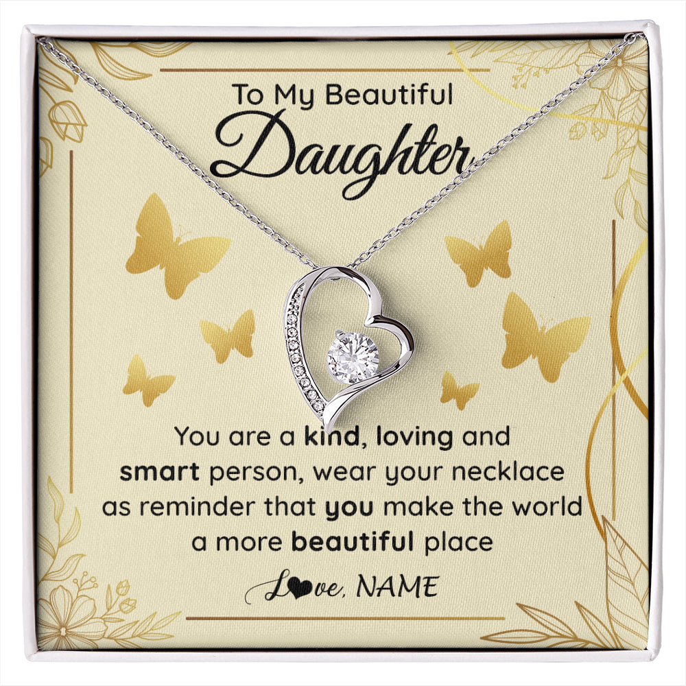 Forever Love Necklace 14K White Gold Finish | 1 | Personalized To My Beautiful Daughter Necklace From Mom You Are A Kind Loving Daughter Birthday Jewelry Graduation Christmas Customized Gift Box Message Card | siriusteestore