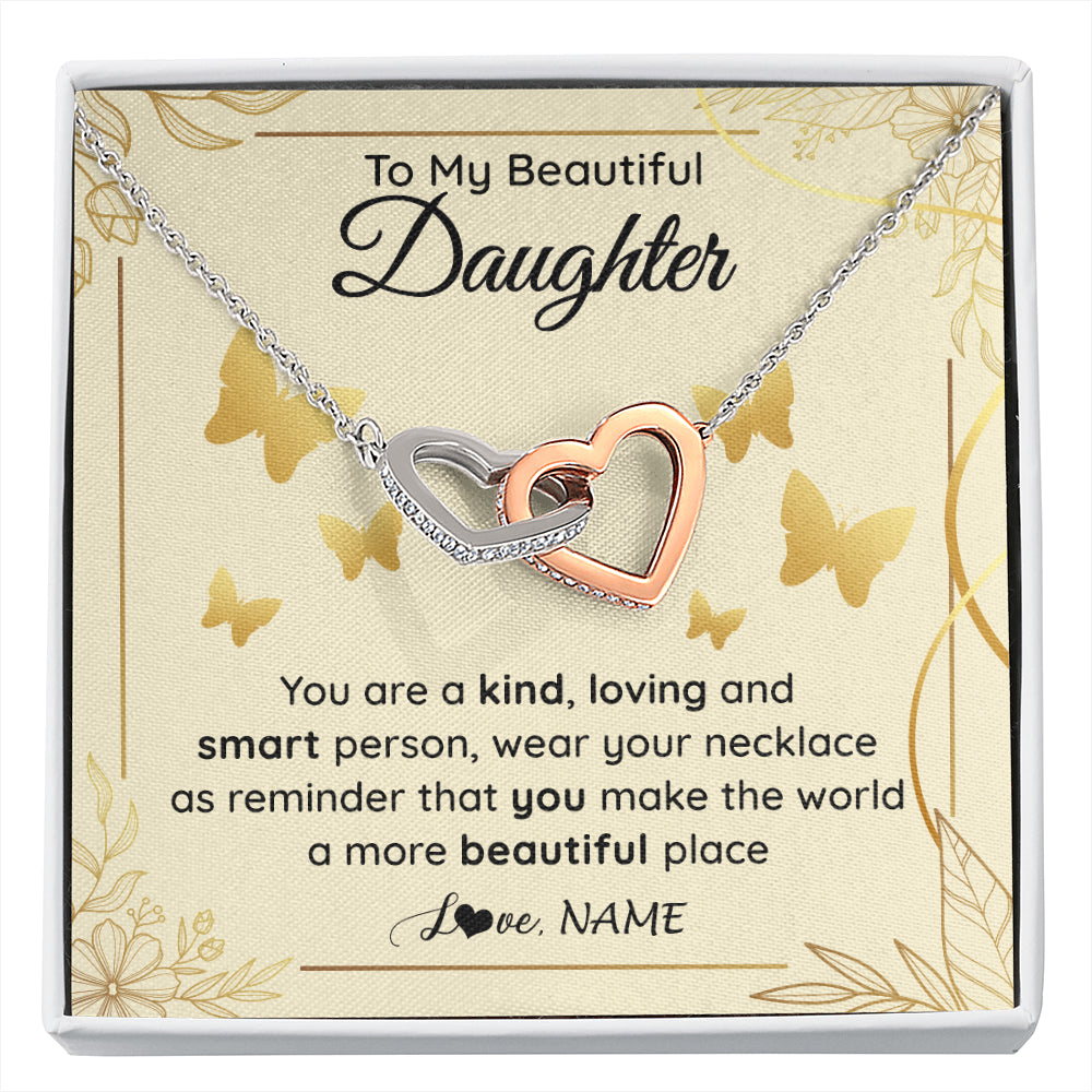 Interlocking Hearts Necklace Stainless Steel & Rose Gold Finish | 1 | Personalized To My Beautiful Daughter Necklace From Mom You Are A Kind Loving Daughter Birthday Jewelry Graduation Christmas Customized Gift Box Message Card | siriusteestore