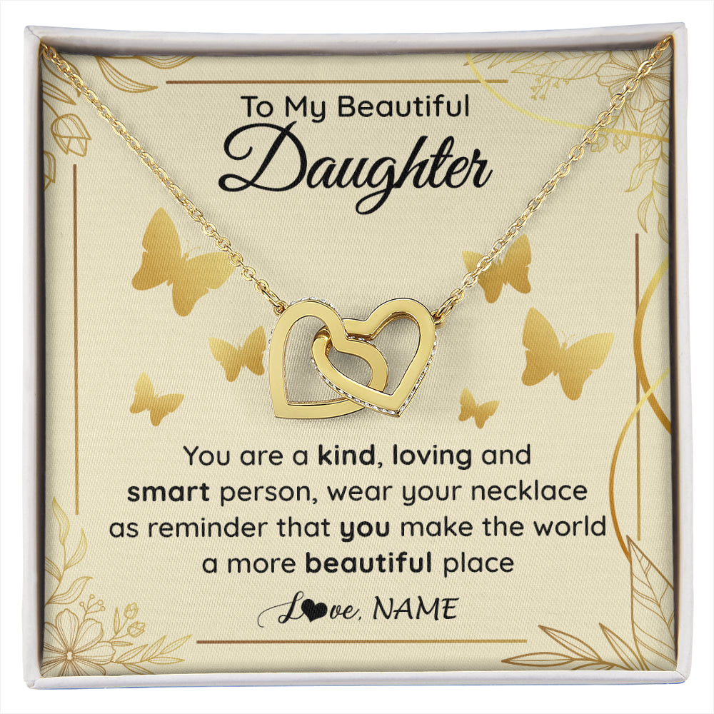 Interlocking Hearts Necklace 18K Yellow Gold Finish | 1 | Personalized To My Beautiful Daughter Necklace From Mom You Are A Kind Loving Daughter Birthday Jewelry Graduation Christmas Customized Gift Box Message Card | siriusteestore