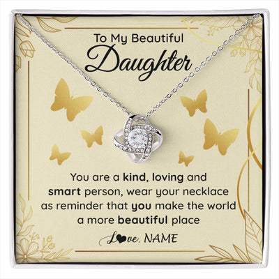 Love Knot Necklace 14K White Gold Finish | 1 | Personalized To My Beautiful Daughter Necklace From Mom You Are A Kind Loving Daughter Birthday Jewelry Graduation Christmas Customized Gift Box Message Card | siriusteestore