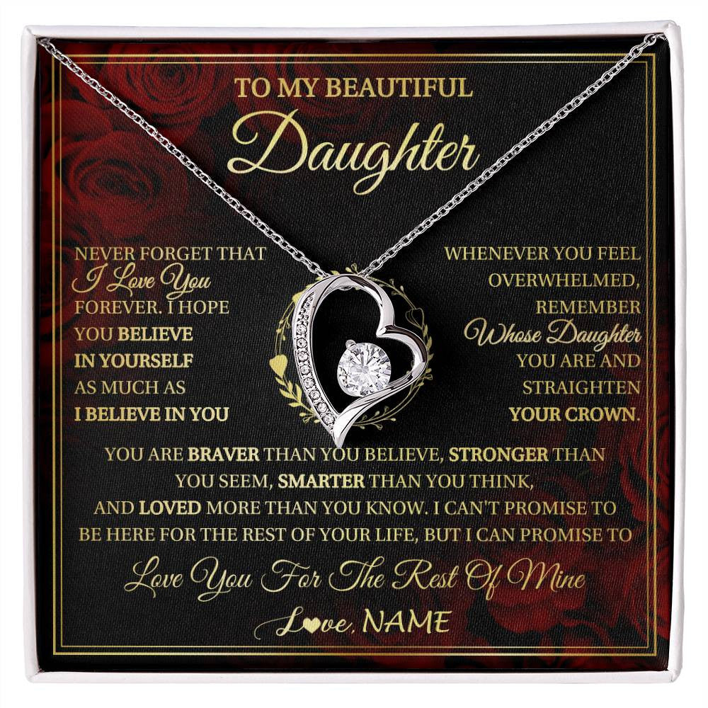Forever Love Necklace 14K White Gold Finish | 1 | Personalized To My Beautiful Daughter Necklace Gift From Mom Dad Mother Father I Love You Daughter Birthday Jewelry Christmas Customized Gift Box Message Card | siriusteestore