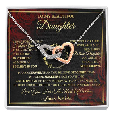 Interlocking Hearts Necklace Stainless Steel & Rose Gold Finish | 1 | Personalized To My Beautiful Daughter Necklace Gift From Mom Dad Mother Father I Love You Daughter Birthday Jewelry Christmas Customized Gift Box Message Card | siriusteestore