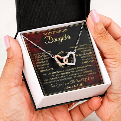 Interlocking Hearts Necklace Stainless Steel & Rose Gold Finish | 2 | Personalized To My Beautiful Daughter Necklace Gift From Mom Dad Mother Father I Love You Daughter Birthday Jewelry Christmas Customized Gift Box Message Card | siriusteestore