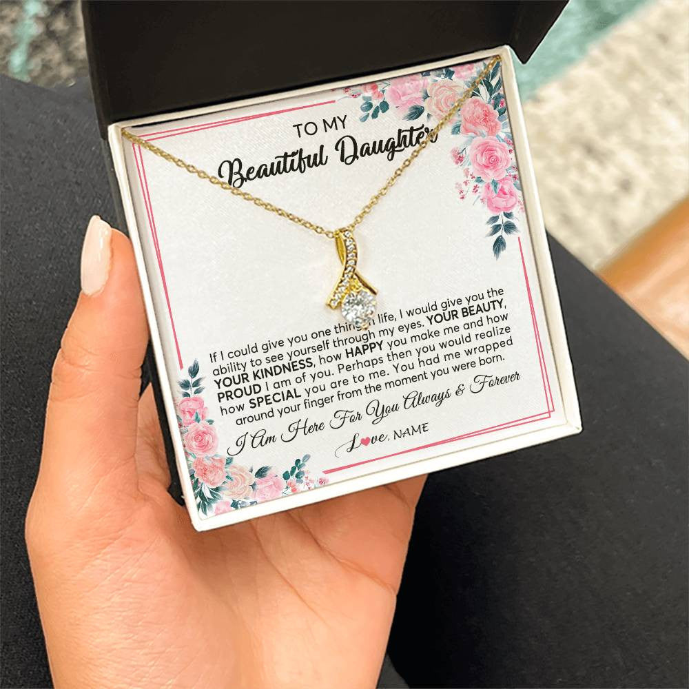 Alluring Beauty Necklace 18K Yellow Gold Finish | 2 | Personalized To My Beautiful Daughter Necklace from Mom Dad I Am Here For You Floral Daughter Birthday Graduation Christmas Customized Gift Box Message Card | siriusteestore