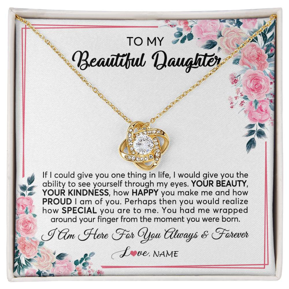 Love Knot Necklace 18K Yellow Gold Finish | 1 | Personalized To My Beautiful Daughter Necklace from Mom Dad I Am Here For You Floral Daughter Birthday Graduation Christmas Customized Gift Box Message Card | siriusteestore