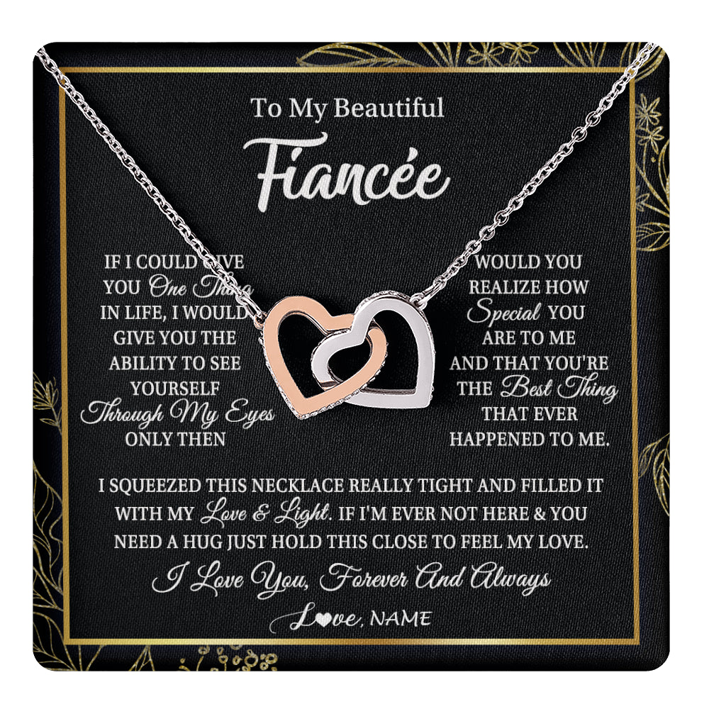 Interlocking Hearts Necklace Stainless Steel & Rose Gold Finish | 1 | Personalized To My Beautiful Fiancee Necklace From Fiance Feel My Love For Her Fiancee Birthday Anniversary Valentines Day Christmas Customized Message Card | siriusteestore
