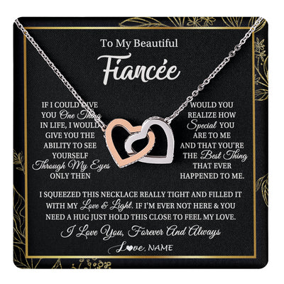 Interlocking Hearts Necklace Stainless Steel & Rose Gold Finish | 1 | Personalized To My Beautiful Fiancee Necklace From Fiance Feel My Love For Her Fiancee Birthday Anniversary Valentines Day Christmas Customized Message Card | siriusteestore