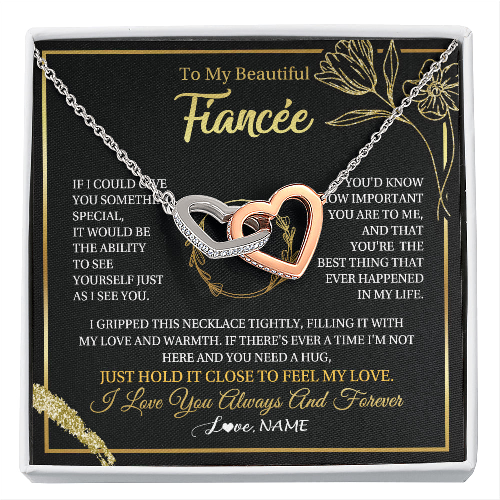 Interlocking Hearts Necklace Stainless Steel & Rose Gold Finish | 1 | Personalized To My Beautiful Fiancée Necklace From Fiancé My Love Fiancee Birthday Romantic Unique Anniversary Christmas Customized Gift Box Message Card | siriusteestore
