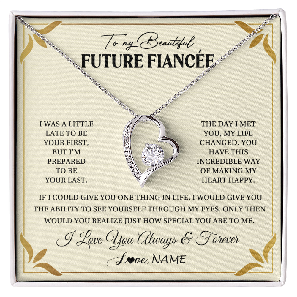 Forever Love Necklace 14K White Gold Finish | 1 | Personalized To My Beautiful Fiancee Necklace Gift From Fiance Promise Necklace For Fiancee Birthday Valentines Day Christmas Customized Gift Box Message Card | siriusteestore