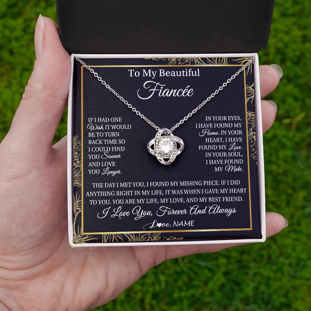 Love Knot Necklace 14K White Gold Finish | Personalized To My Beautiful Fiancee Necklace Romantic Gifts Fiancee Birthday Anniversary Jewelry Valentines Day Christmas Customized Gift Box Message Card | siriusteestore