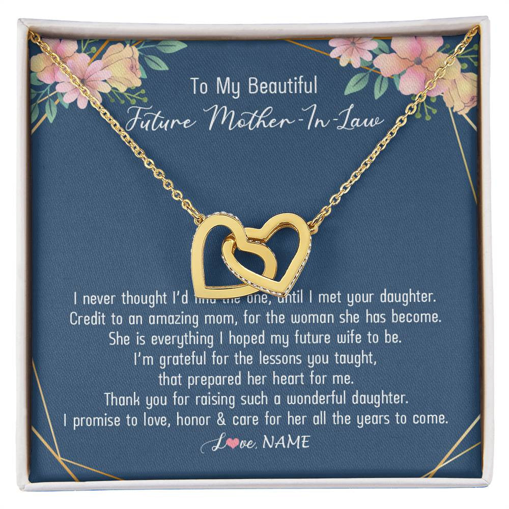 Interlocking Hearts Necklace 18K Yellow Gold Finish | Personalized To My Beautiful Future Mother In Law Necklace from Son In Law Thank You Mother In Law Jewelry Birthday Wedding Day Customized Box Message Card | siriusteestore