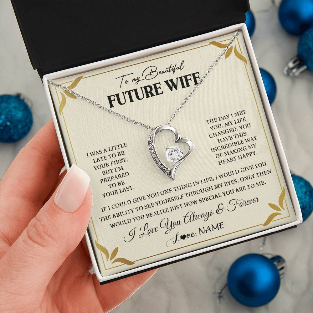 Forever Love Necklace 14K White Gold Finish | 2 | Personalized To My Beautiful Future Wife Necklace Gift From Husband Promise Necklace For Her Soulmate Wife Romantic Birthday Customized Gift Box Message Card | siriusteestore