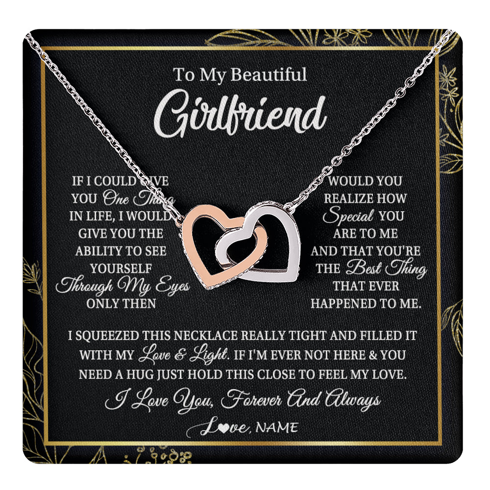 Interlocking Hearts Necklace Stainless Steel & Rose Gold Finish | 1 | Personalized To My Beautiful Girlfriend Necklace From Boyfriend Feel My Love For Her Girlfriend Birthday Valentines Day Christmas Customized Message Card | siriusteestore