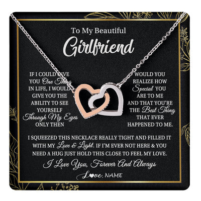 Interlocking Hearts Necklace Stainless Steel & Rose Gold Finish | 1 | Personalized To My Beautiful Girlfriend Necklace From Boyfriend Feel My Love For Her Girlfriend Birthday Valentines Day Christmas Customized Message Card | siriusteestore