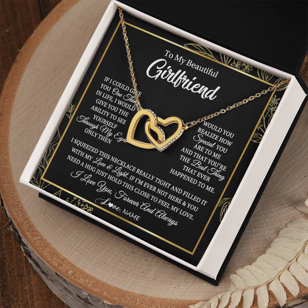 Interlocking Hearts Necklace 18K Yellow Gold Finish | Personalized To My Beautiful Girlfriend Necklace From Boyfriend Feel My Love For Her Girlfriend Birthday Valentines Day Christmas Customized Message Card | siriusteestore