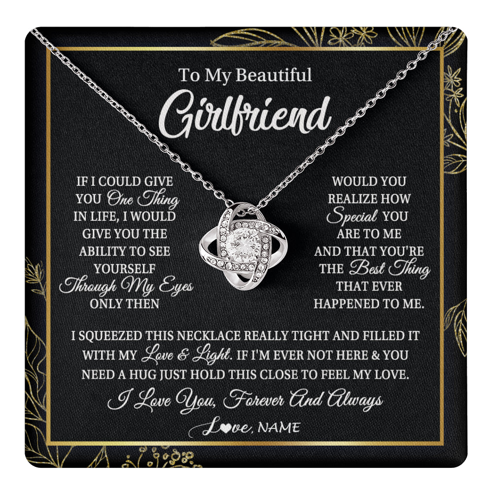 Love Knot Necklace 14K White Gold Finish | 1 | Personalized To My Beautiful Girlfriend Necklace From Boyfriend Feel My Love For Her Girlfriend Birthday Valentines Day Christmas Customized Message Card | siriusteestore