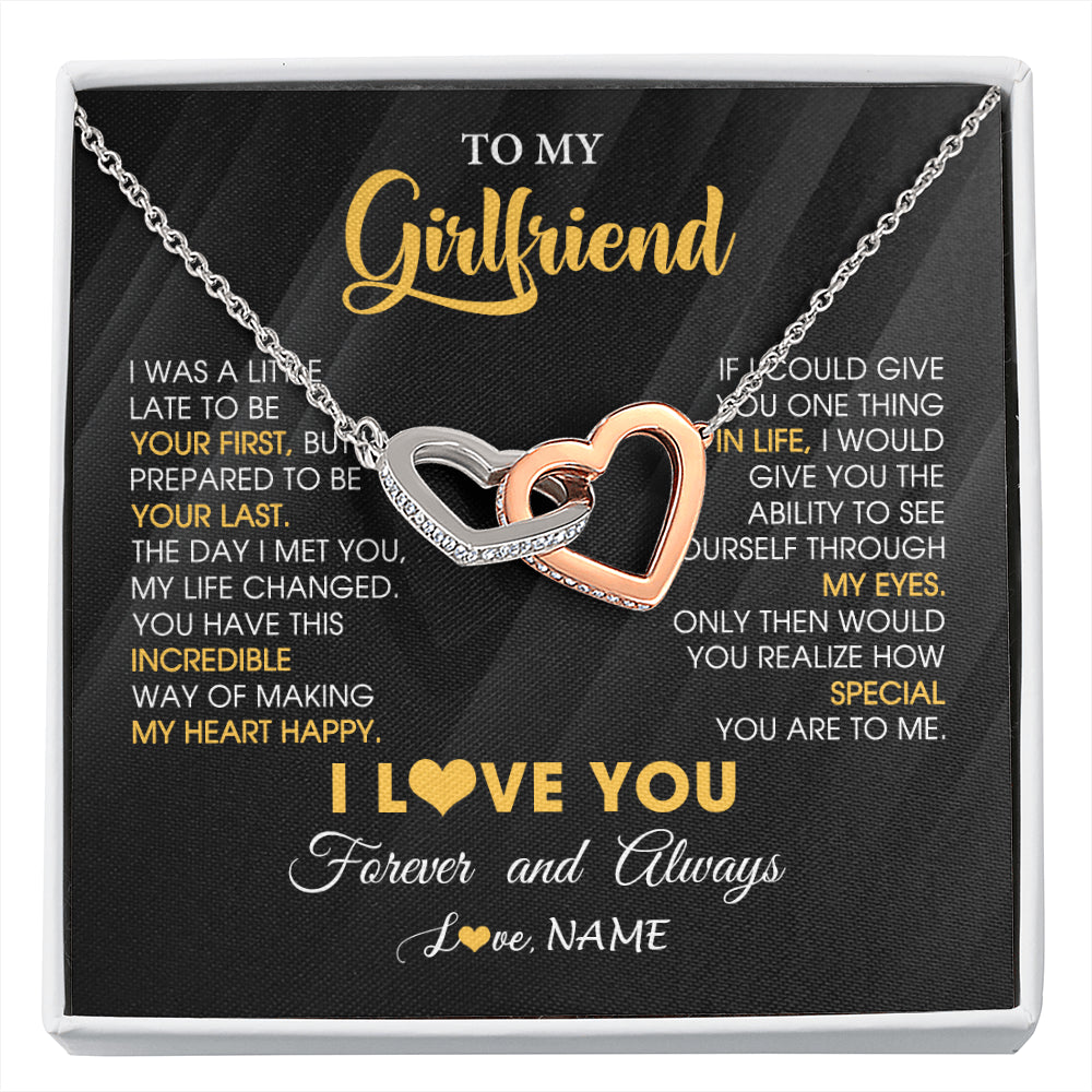 Interlocking Hearts Necklace Stainless Steel & Rose Gold Finish | 1 | Personalized To My Beautiful Girlfriend Necklace From Boyfriend Jewelry Forever Love Girlfriend Birthday Gifts Anniversary Valentines Day Message Card | siriusteestore
