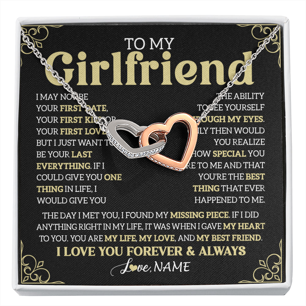 Interlocking Hearts Necklace Stainless Steel & Rose Gold Finish | 1 | Personalized To My Beautiful Girlfriend Necklace From Boyfriend The Day I Met You Birthday Gifts For Girlfriend Anniversary Valentines Day Message Card | siriusteestore