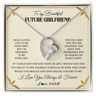 Forever Love Necklace 14K White Gold Finish | 1 | Personalized To My Beautiful Girlfriend Necklace Gift From Boyfriend Promise Necklace For Girlfriend Birthday Christmas Customized Gift Box Message Card | siriusteestore