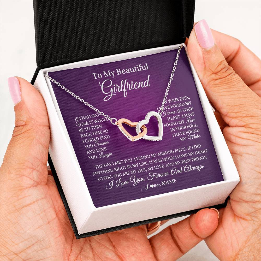 Interlocking Hearts Necklace Stainless Steel & Rose Gold Finish | Personalized To My Beautiful Girlfriend Necklace Gift Romantic Gifts For Girlfriend Birthday Anniversary Valentines Christmas Customized Gift Box Message Card | siriusteestore