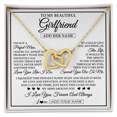 Interlocking Hearts Necklace 18K Yellow Gold Finish | 1 | Personalized To My Beautiful Girlfriend Necklace Love You Like I Do Promise Girlfriend Romantic Birthday Gifts Anniversary Christmas Gift Box Message Card | siriusteestore