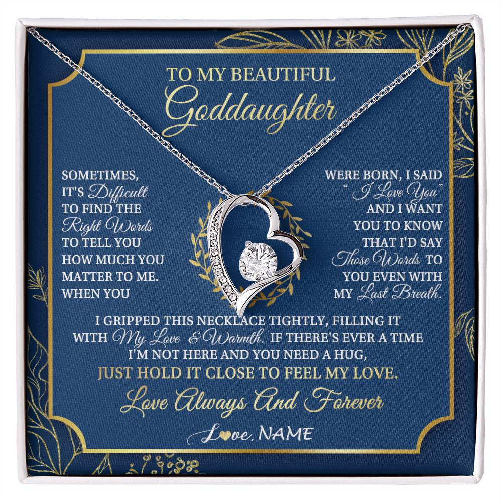 Forever Love Necklace 14K White Gold Finish | 1 | Personalized To My Beautiful Goddaughter From Aunt Uncle I Gripped This Necklace Goddaughter Jewelry Birthday Christmas Customized Gift Box Message Card | siriusteestore