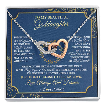 Interlocking Hearts Necklace Stainless Steel & Rose Gold Finish | 1 | Personalized To My Beautiful Goddaughter From Aunt Uncle I Gripped This Necklace Goddaughter Jewelry Birthday Christmas Customized Gift Box Message Card | siriusteestore
