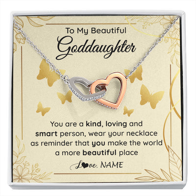Interlocking Hearts Necklace Stainless Steel & Rose Gold Finish | 1 | Personalized To My Beautiful Goddaughter Necklace From Aunt You Are A Kind Loving Goddaughter Birthday Graduation Christmas Customized Gift Box Message Card | siriusteestore