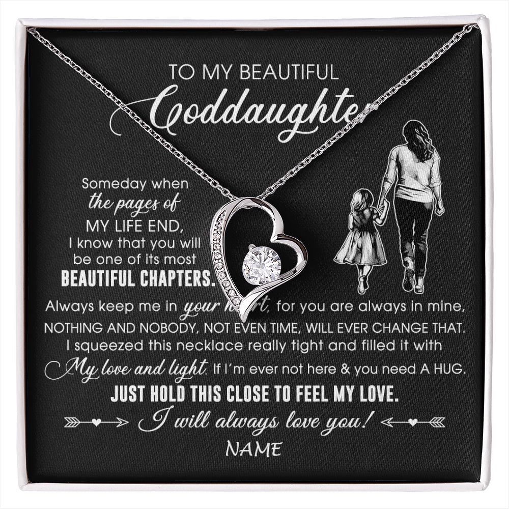 Forever Love Necklace 14K White Gold Finish | 1 | Personalized To My Beautiful Goddaughter Necklace From Godmother Always Love You Goddaughter Birthday Graduation Christmas Customized Gift Box Message Card | siriusteestore