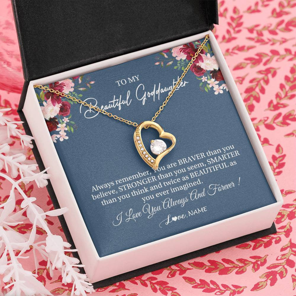 Forever Love Necklace 18K Yellow Gold Finish | Personalized To My Beautiful Goddaughter Necklace From Godmother Braver Stronger Smarter Goddaughter Pendant Jewelry Birthday Christmas Customized Message Card | siriusteestore