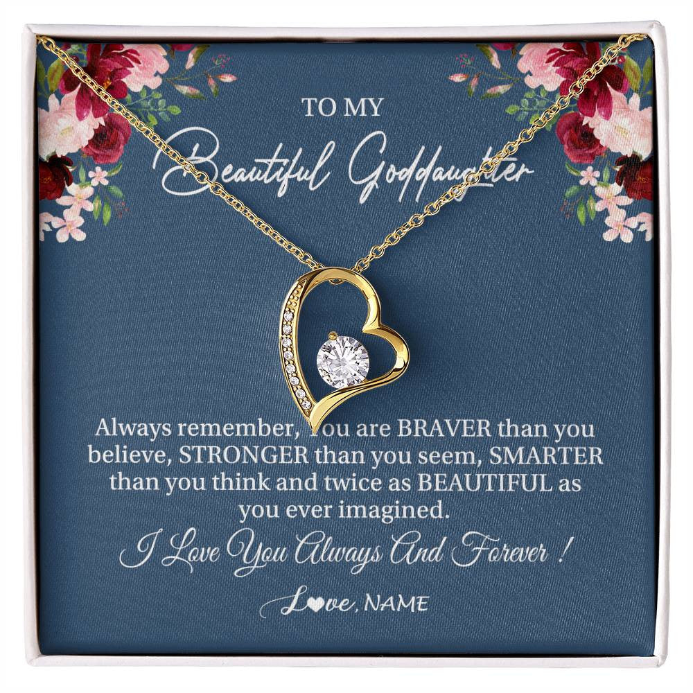 Forever Love Necklace 18K Yellow Gold Finish | Personalized To My Beautiful Goddaughter Necklace From Godmother Braver Stronger Smarter Goddaughter Pendant Jewelry Birthday Christmas Customized Message Card | siriusteestore