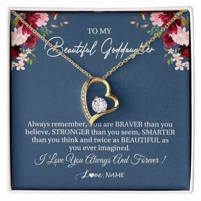 Forever Love Necklace 18K Yellow Gold Finish | Personalized To My Beautiful Goddaughter Necklace From Godmother Braver Stronger Smarter Goddaughter Pendant Jewelry Birthday Christmas Customized Message Card | siriusteestore