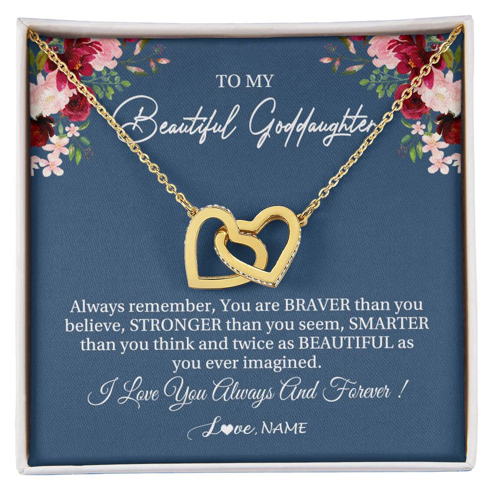 Interlocking Hearts Necklace 18K Yellow Gold Finish | Personalized To My Beautiful Goddaughter Necklace From Godmother Braver Stronger Smarter Goddaughter Pendant Jewelry Birthday Christmas Customized Message Card | siriusteestore