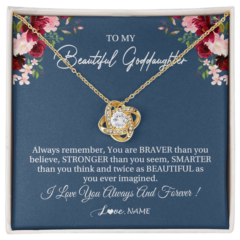 Love Knot Necklace 18K Yellow Gold Finish | Personalized To My Beautiful Goddaughter Necklace From Godmother Braver Stronger Smarter Goddaughter Pendant Jewelry Birthday Christmas Customized Message Card | siriusteestore