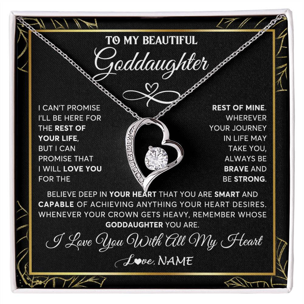 Forever Love Necklace 14K White Gold Finish | 1 | Personalized To My Beautiful Goddaughter Necklace From Godmother Crown Jewelry Gifts For Goddaughter Birthday Graduation Christmas Gift Box Message Card | siriusteestore