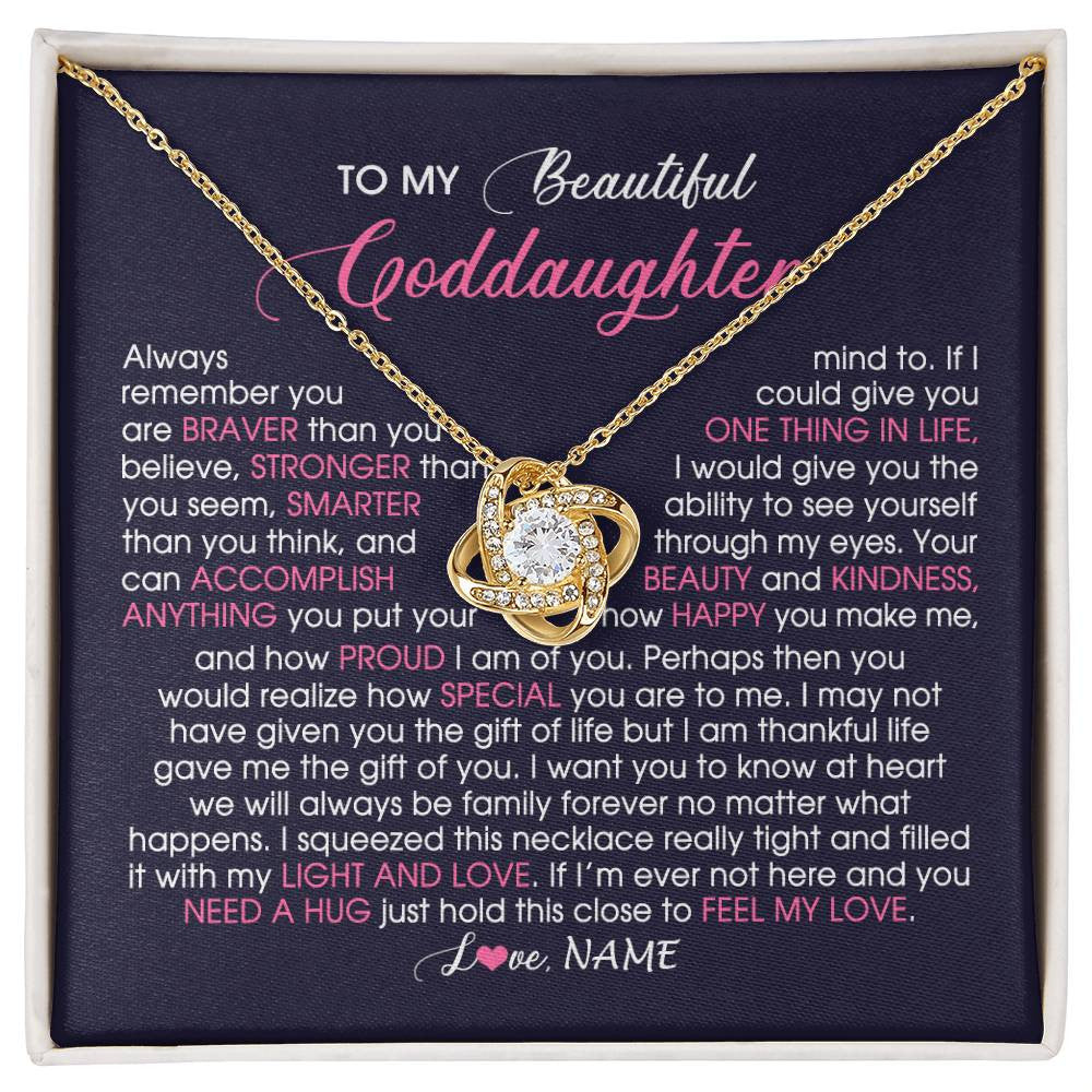 Love Knot Necklace 18K Yellow Gold Finish | Personalized To My Beautiful Goddaughter Necklace From Godmother Feel My Love Goddaughter Birthday Graduation Christmas Customized Gift Box Message Card | siriusteestore