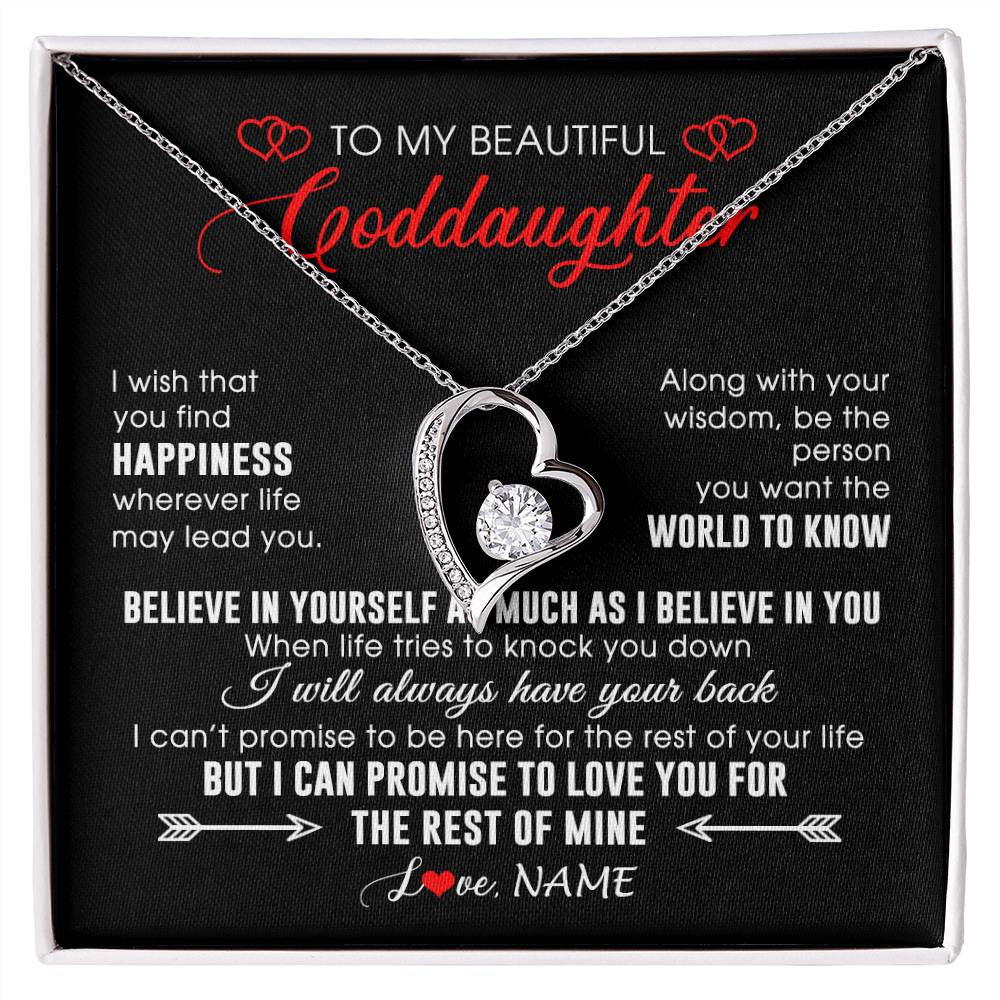 Forever Love Necklace 14K White Gold Finish | Personalized To My Beautiful Goddaughter Necklace From Godmother Happiness Wherever Life Birthday Graduation Christmas Customized Gift Box Message Card | siriusteestore