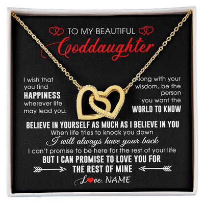 Interlocking Hearts Necklace 18K Yellow Gold Finish | Personalized To My Beautiful Goddaughter Necklace From Godmother Happiness Wherever Life Birthday Graduation Christmas Customized Gift Box Message Card | siriusteestore