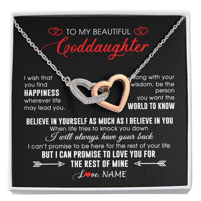 Interlocking Hearts Necklace Stainless Steel & Rose Gold Finish | Personalized To My Beautiful Goddaughter Necklace From Godmother Happiness Wherever Life Birthday Graduation Christmas Customized Gift Box Message Card | siriusteestore